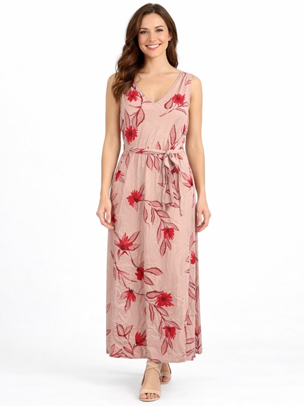 A New Day Blush Pink Floral Sleeveless Maxi Dress With Tie Waist Women’s Size L